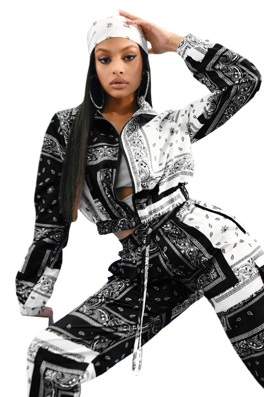 Paisley Bandana Print Zipper Jacket + Elastic Waist Sweatpants Women's Tracksuit