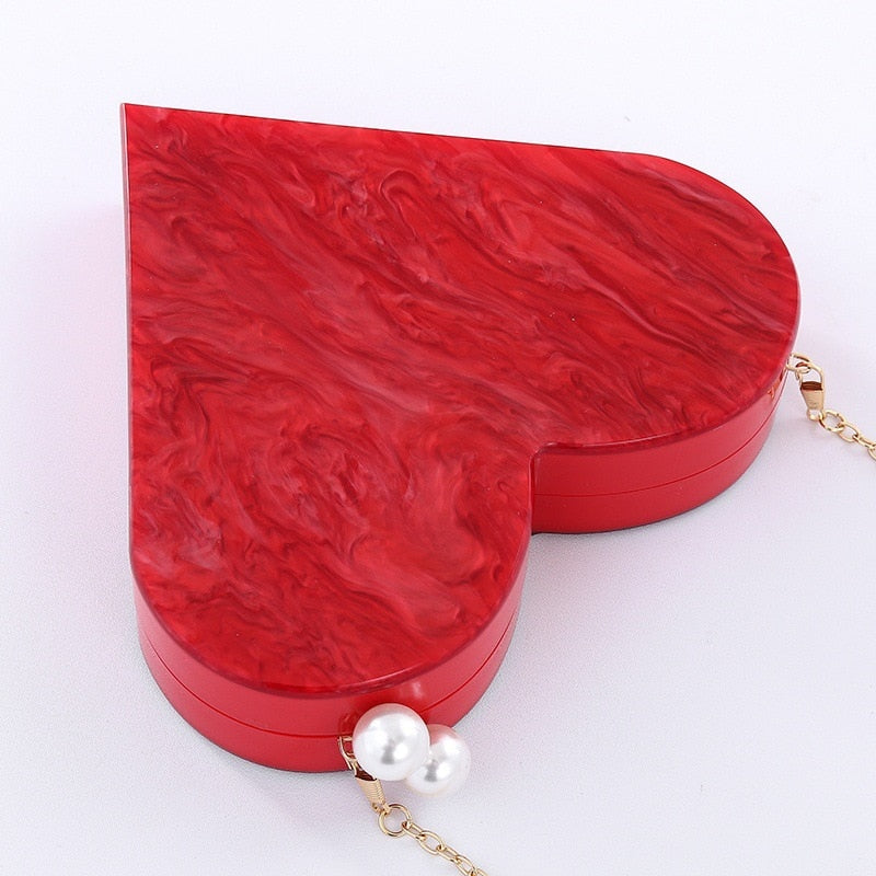 Designer Acrylic Clutch Red Heart Shape Pearl Chain Purse