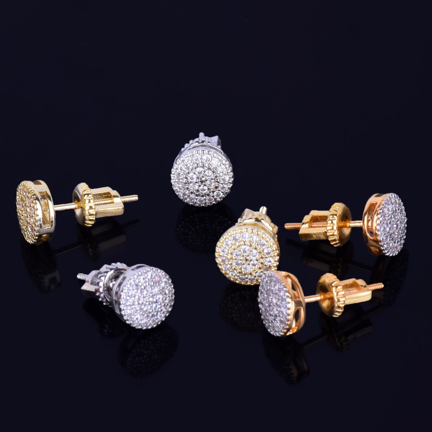 8MM Gold Color Small Round Stud Earring  AAAA Cubic Zircon Screw Back Men Fashion Hip Hop Jewelry