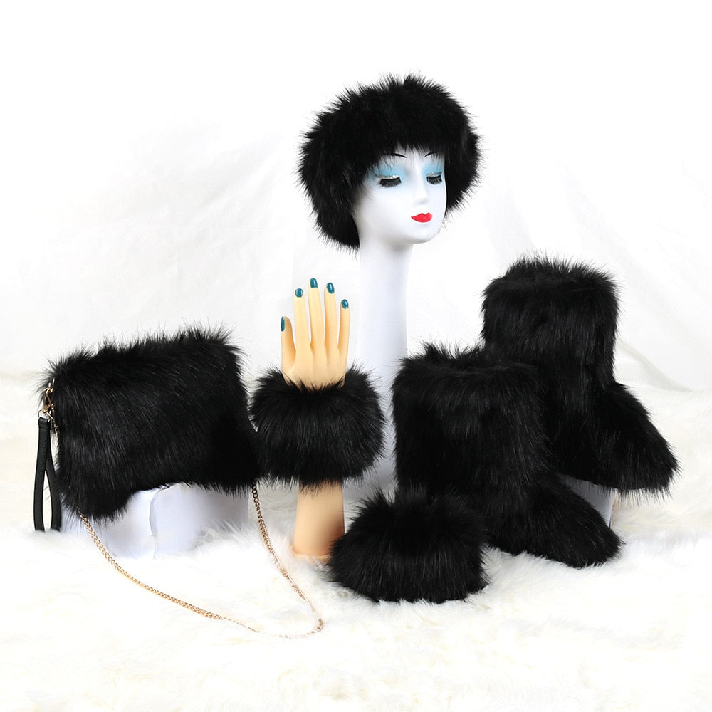 Faux Fur 4-Piece Set w/ Hat, Bag, Bracelet & Furry Ankle Snowboots