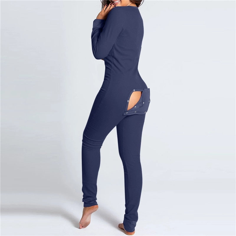 Button-Down Front V-Neck Long Sleeve Ladies Pajamas Onesie