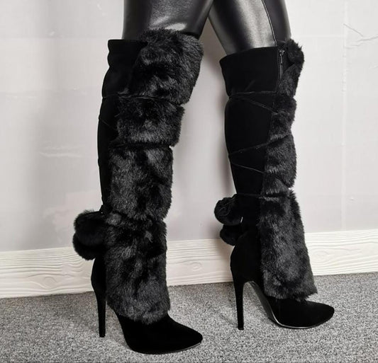 Faux Fur Handmade Ladies Knee High Heel Boots