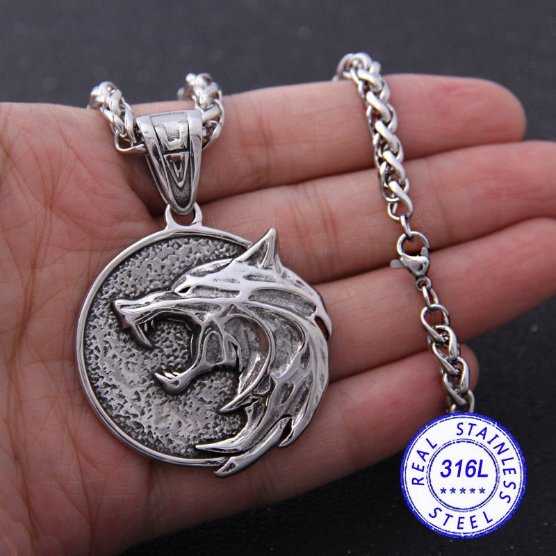 Stainless Steel Wizard Wolf Head Pendant Necklace Chain