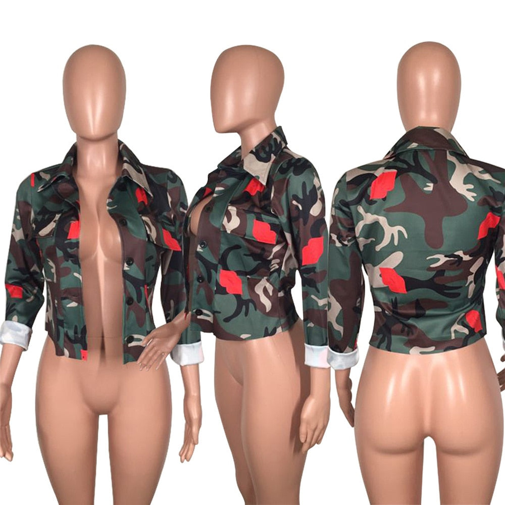 Camoflauge Print Cropped Long Sleeve Jean Jacket