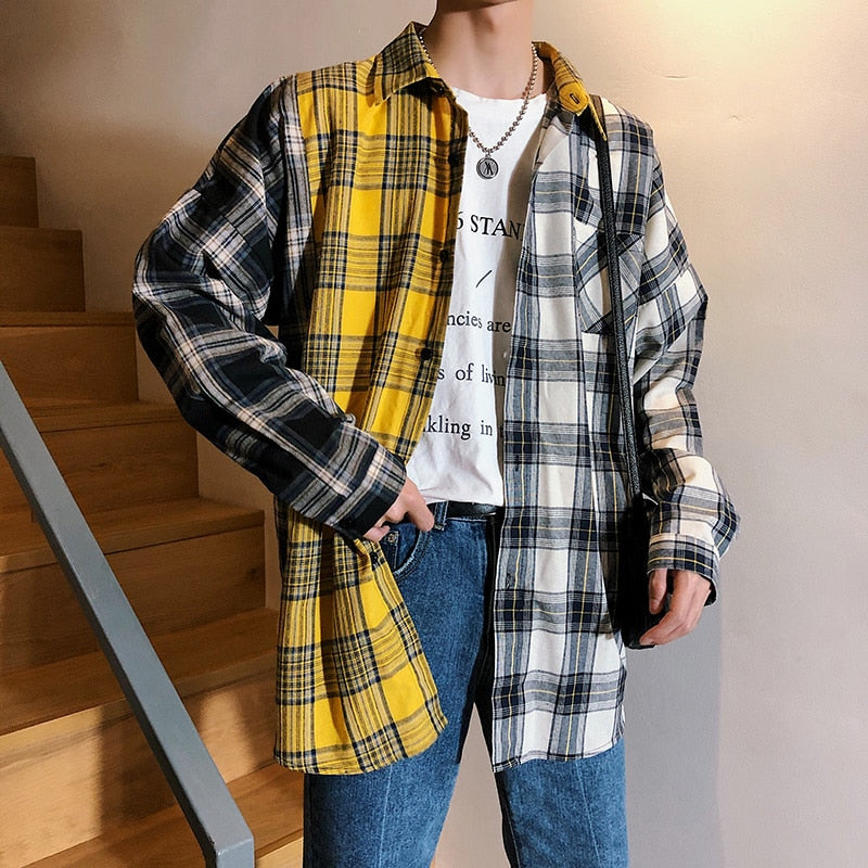 Men's Oversized Cotton Plaid Patchwork Button Up Long Sleeve Shirt