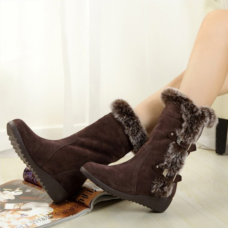 Faux Fur Mid-Calf Round Toe Flat Snowboots