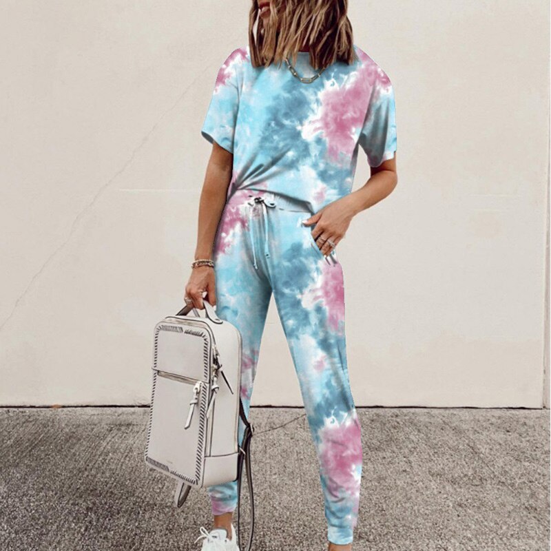 Women's Tie-Dye Print 2-Piece Short-Sleeved Round Neck Top + Drawstring Leggings Set