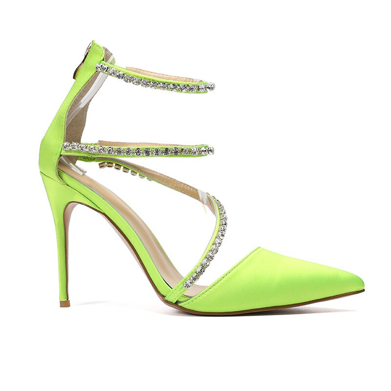 Fluorescent Green Silk Crystal Back Zipper Pumps