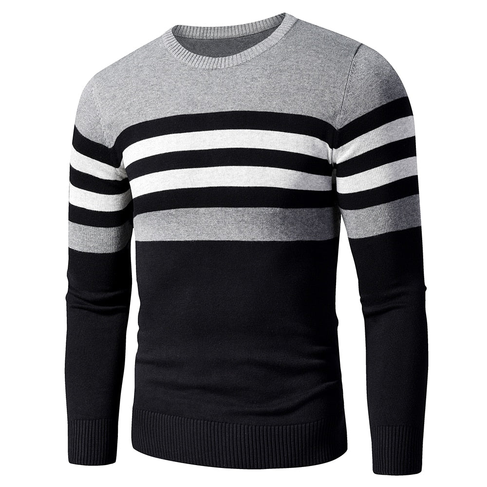 Men's Striped Fleece Cotton Pullover O-Neck Sweater