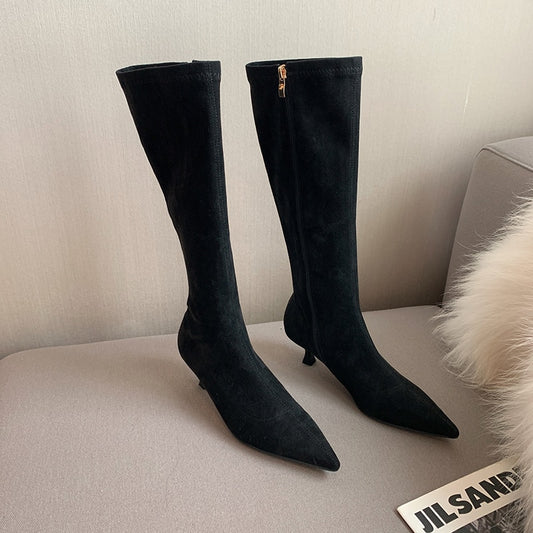 Knee High Stretch Zipper Pointed Toe Boots