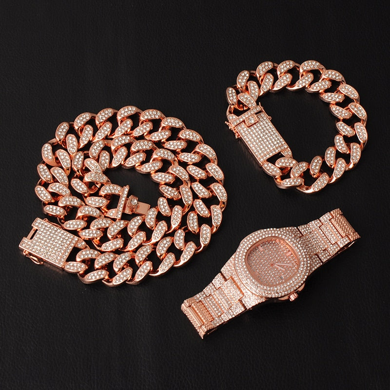 Cuban Chain Necklace + Bracelet + Watch Iced Out Paved Rhinestones CZ Chain Necklace 3-Piece Jewelry Set