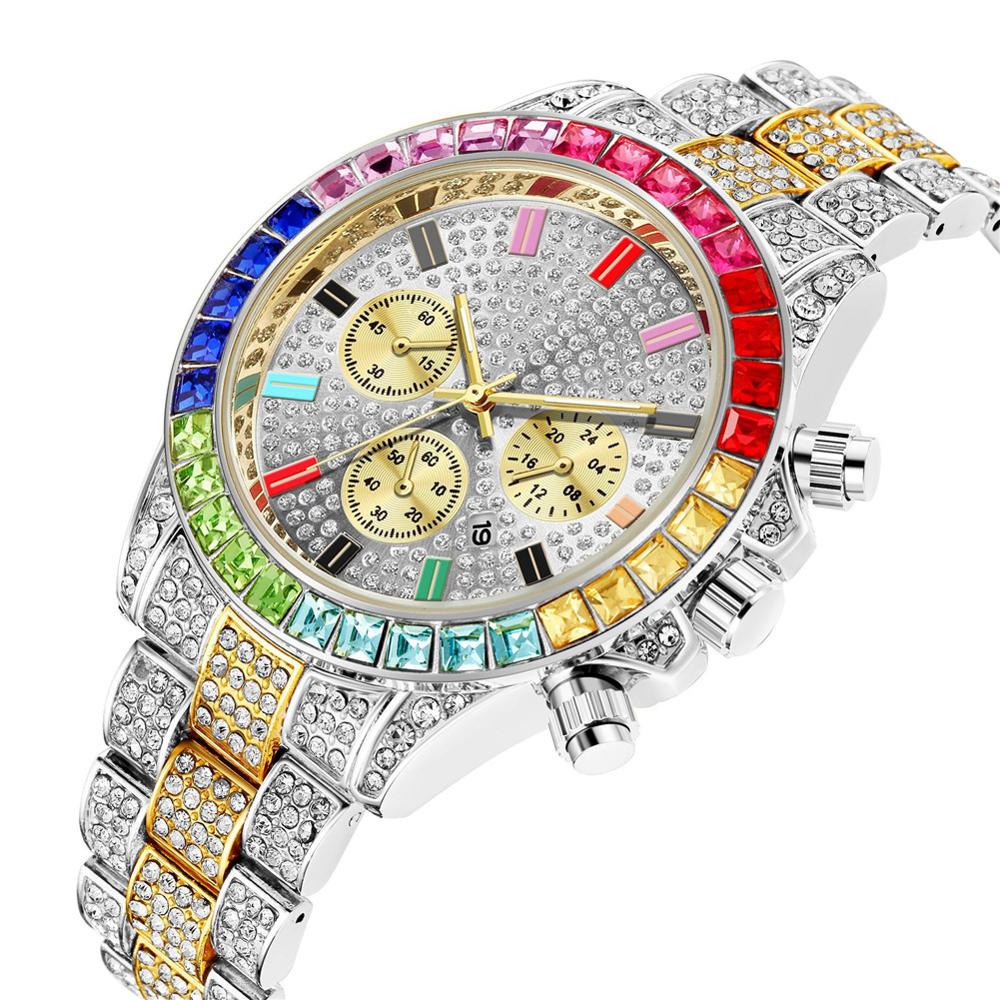 Rainbow Diamond  Iced Out Square Quartz Waterproof Men's Watch