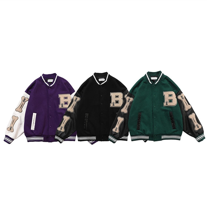 Men's Bone Colorblock Patchwork Baseball Bomber Letterman's Jacket