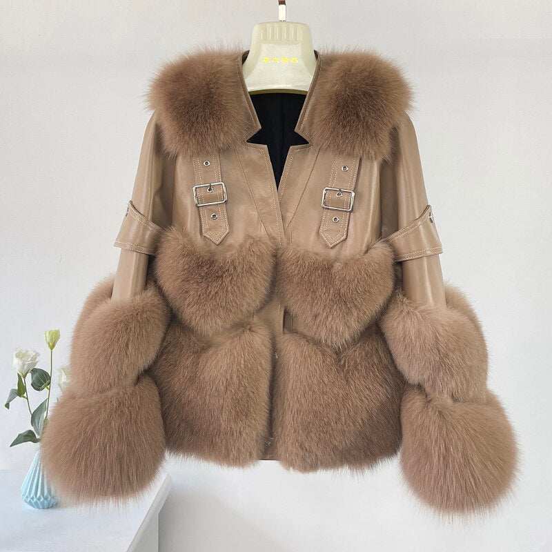 Fox Fur Short Sheepskin w/ Fox Fur Collar Buckle Heart Jacket