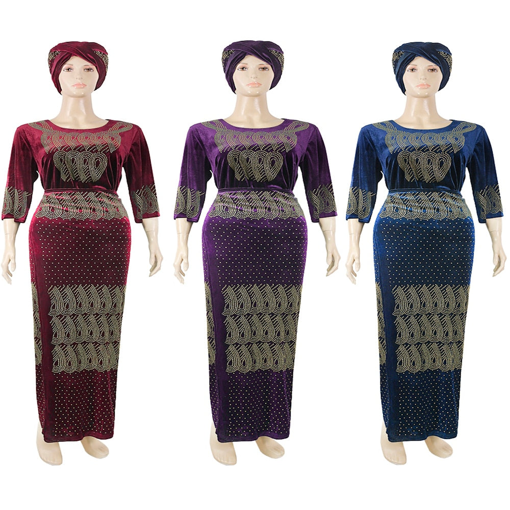 African Women's Velvet Plus 3-Piece Set: Colorblock Long Sleeve Top, Maxi Skirt & Head Turban