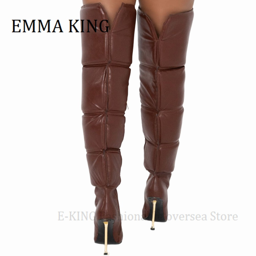 Puffer Shaft Over-the-knee Metallic Stiletto Ankle Zipper Thigh High Boots