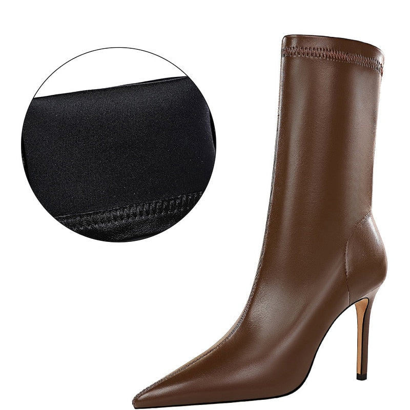 Pointed Toe Stiletto Heel Leather Ankle Boots