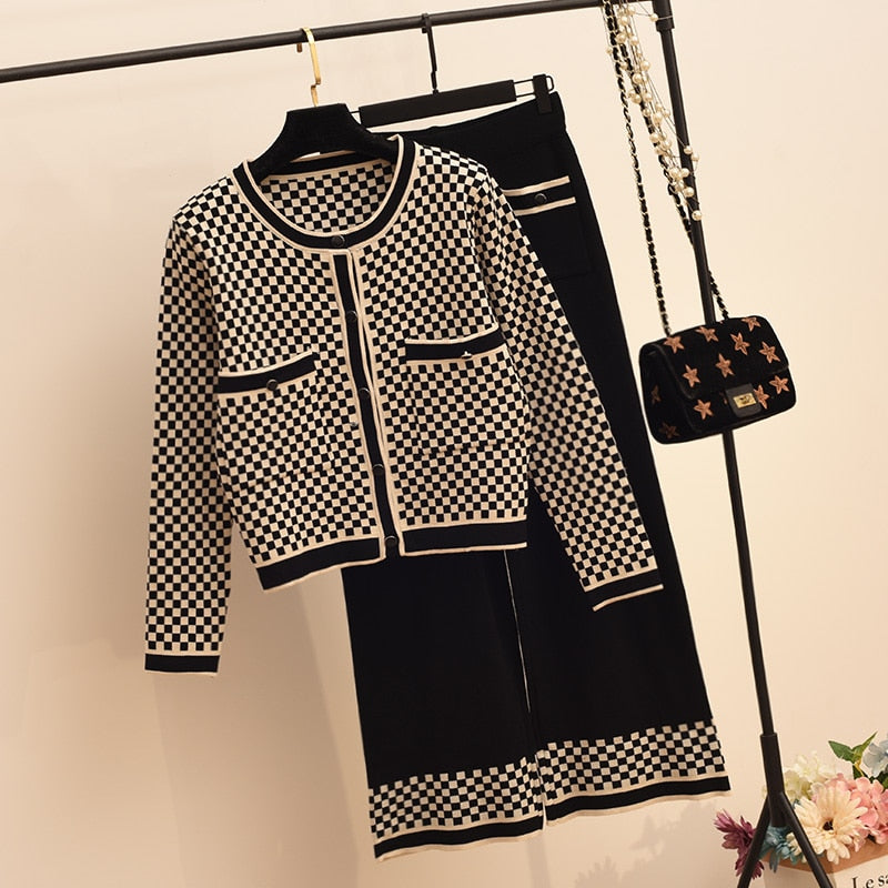 Checkered Houndstooth Plaid O-Neck Cardigan Women's Knitted Blazer + Contrast Hem Maxi Skirt Office Suit