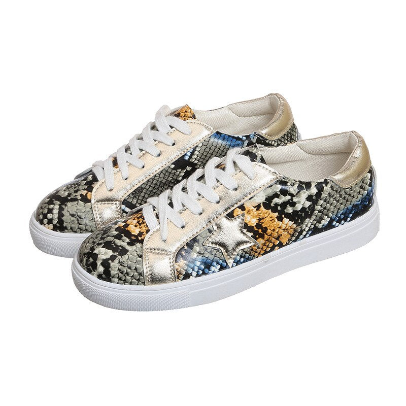 Snake Print Leather Women's Designer Star Design Vulcanized Sneakers