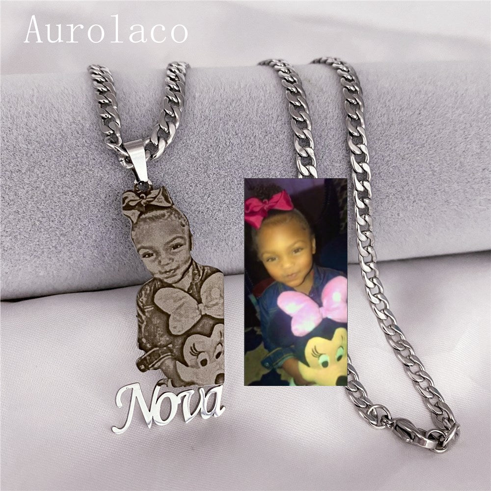 Customized Photo & Cursive Name Pendant Personalized Picture Portrait Nameplate Necklace Chain