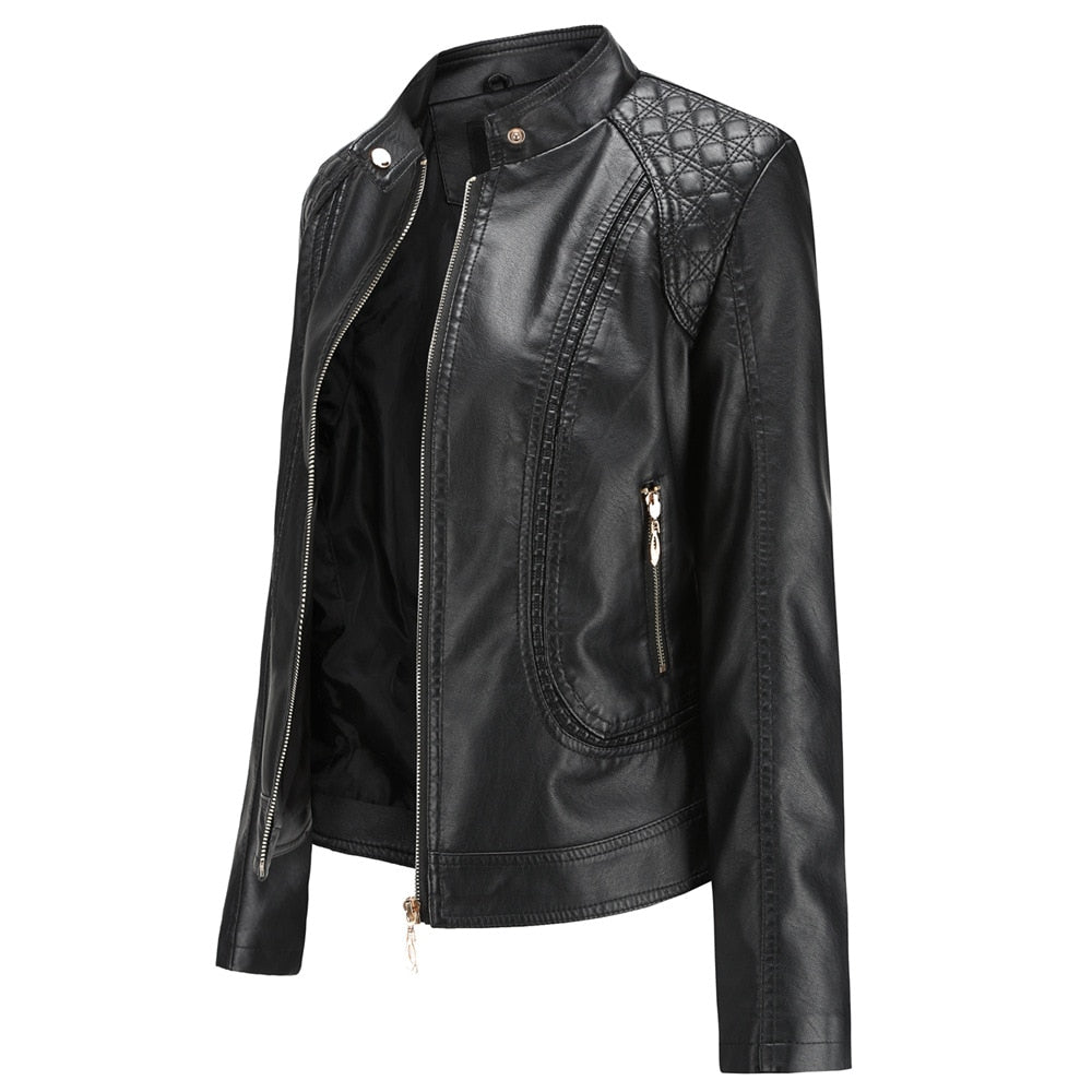 Solid Zipper Women's PU Leather Mandarin Collar Motorcycle Biker Jacket