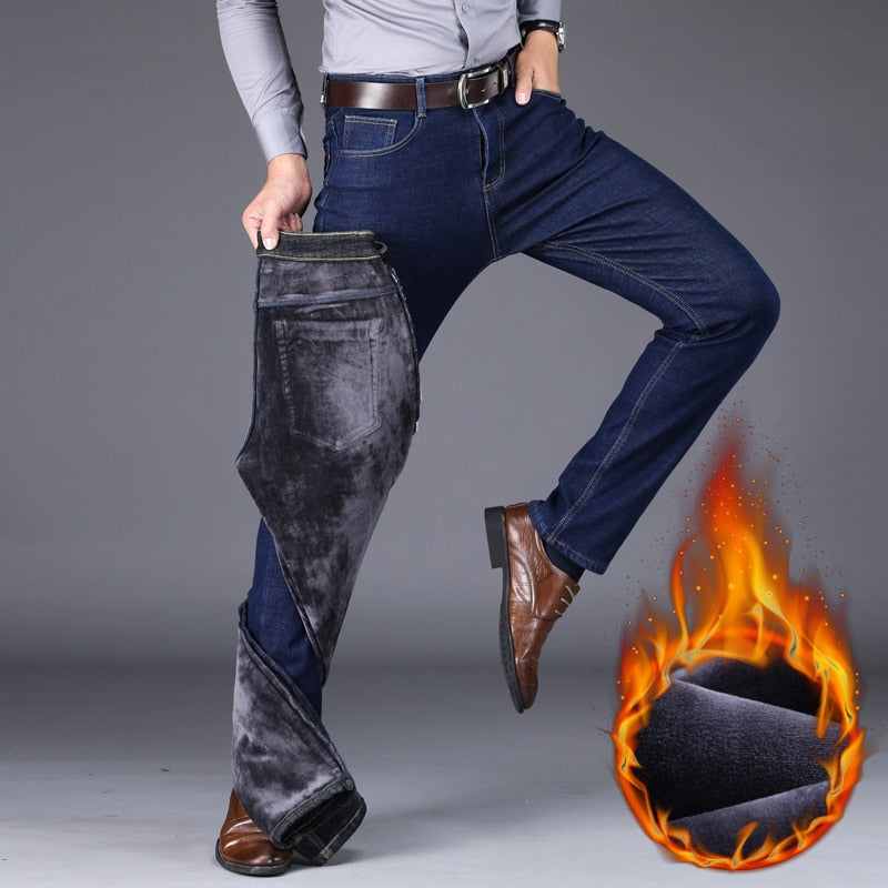 Men's Warm Slim Fit Thicken Denim Fleece Stretch Jeans