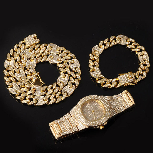 3-Piece Jewelry Hip Hop Gold Iced Out Paved Rhinestones CZ Bling  Sets: Cuban Chain, Watch & Bracelet