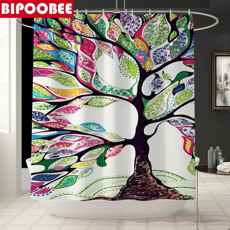 Tulip Lotus Flowers Trees Shower Curtain Sets Non-Slip Rugs Toilet Lid Cover and Bath Mat Waterproof Shower Curtain