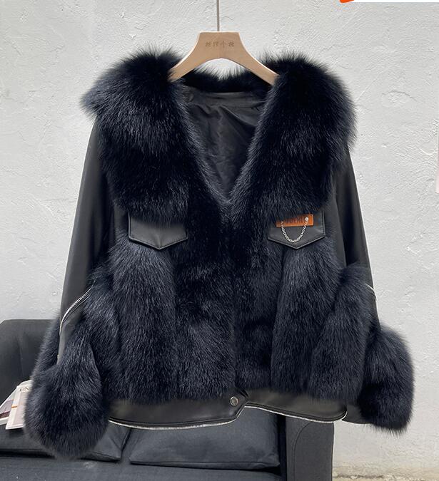 Sheepskin Fox Fur Trim Stitched Ladies Jacket