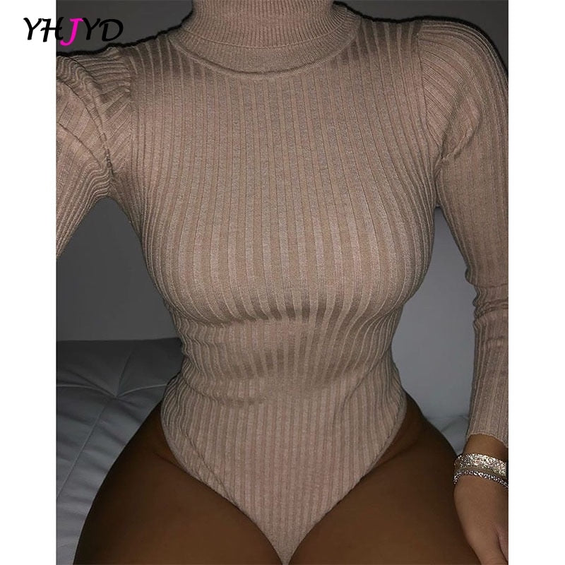 Ribbed Knitted Long Sleeve Turtleneck Bodysuit