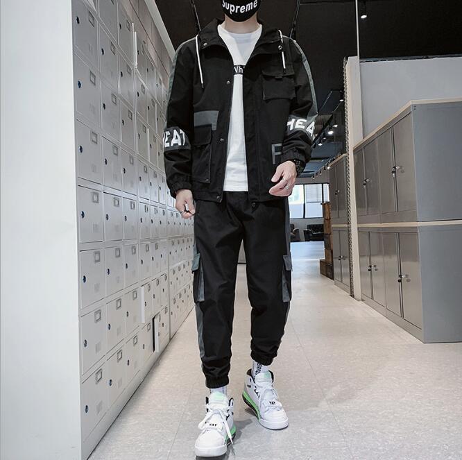 Men's Patchwork Utility Zipper Jacket + Pants Cargo Tracksuit