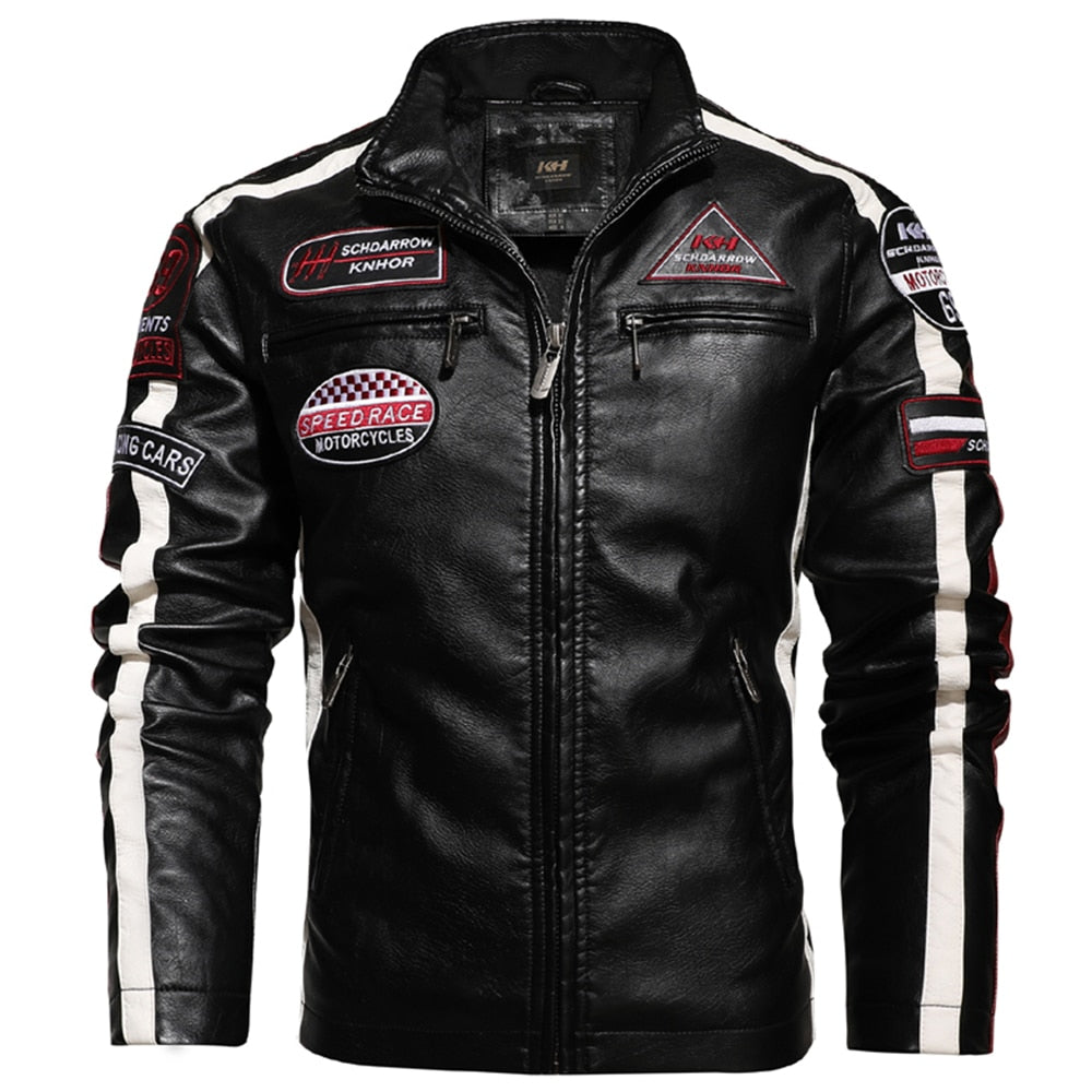 Side Striped Men's Logo Embroidery Leather Bomber Slim Fit Motorcycle Jacket