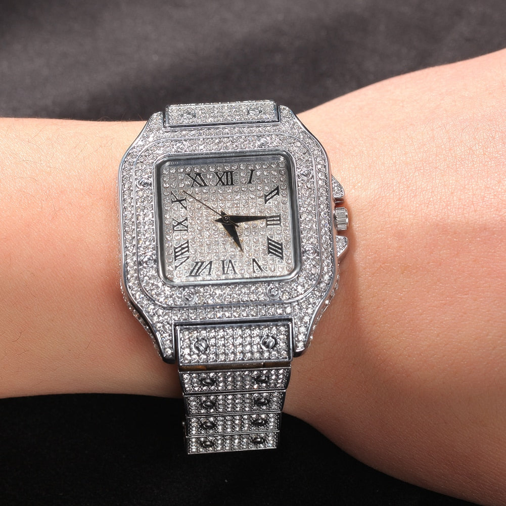 Hip Hop Full Iced Out Full Drill Square Stainless Steel Rhinestones Quartz Square Watch