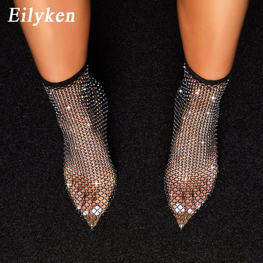 Transparent Crystal Rhinestone Mesh Stretch Fabric Pointed Toe Ladies Ankle Boots