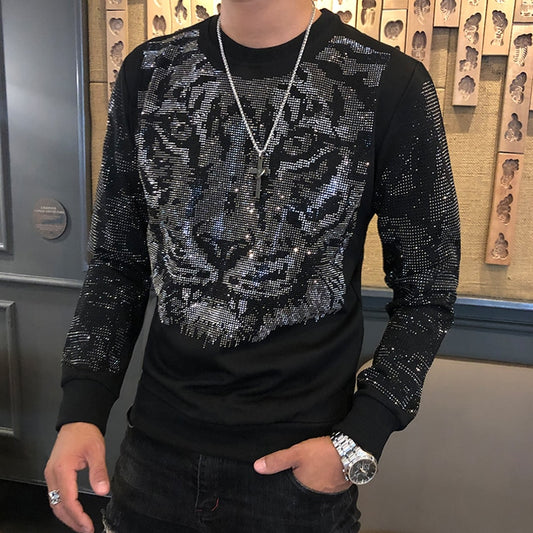 Men's Glitter Sparkling Tiger Head Long Sleeve Shirt