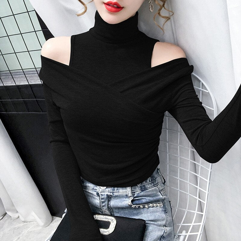 Patchwork Women's Hollow-Out Turtleneck Long Sleeve Off-The-Shoulder Bodycon Skinny Shirt