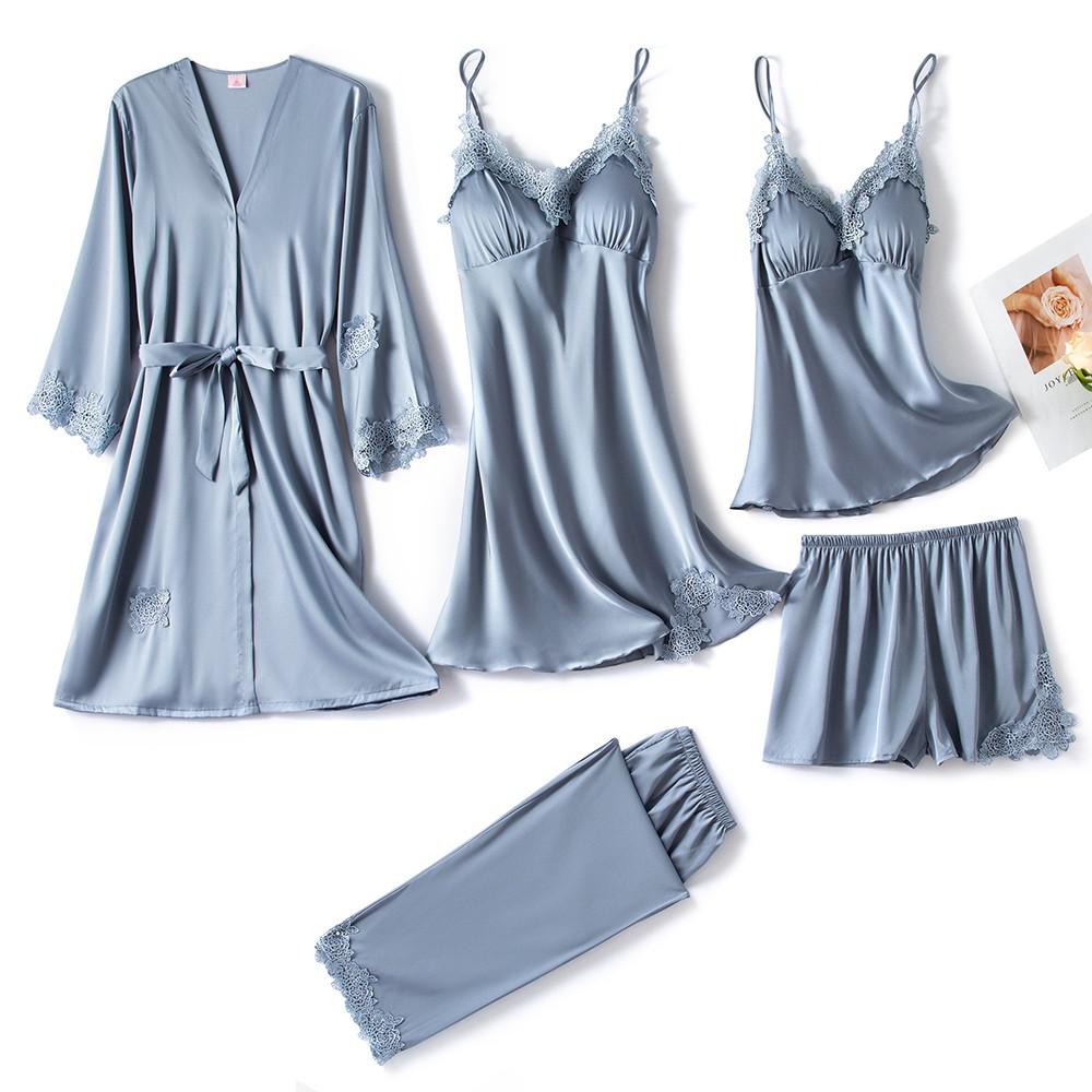 Satin 5-Piece Matching Women's Pajama Set: Robe, V-Neck Camisole, Pants Pants, Teddy Lingerie Top & Shorts