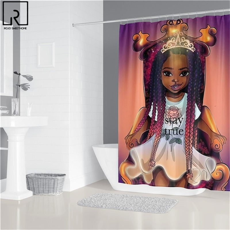 Black Woman Printed Shower Curtain w/ 12 Hooks Bathroom Bath Mat Set Toilet Cover 1/3/4 PCS