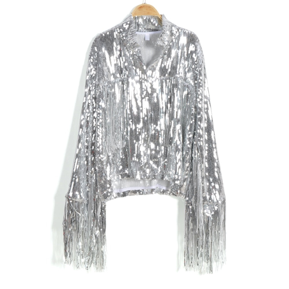 Tassels Retro Cropped Long Sleeve Reflective Ladies Bomber Jacket to 3X