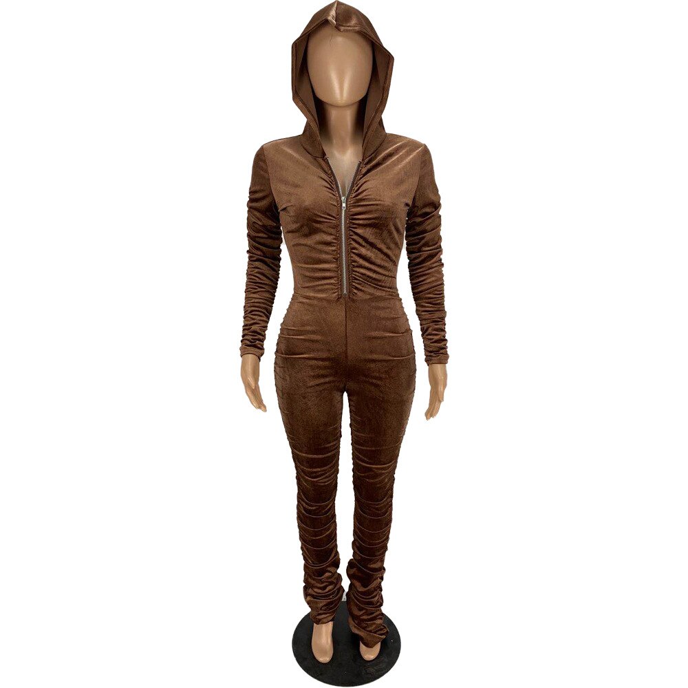 Velvet Hooded Solid Ruched Zipper Long Sleeve Jumpsuit