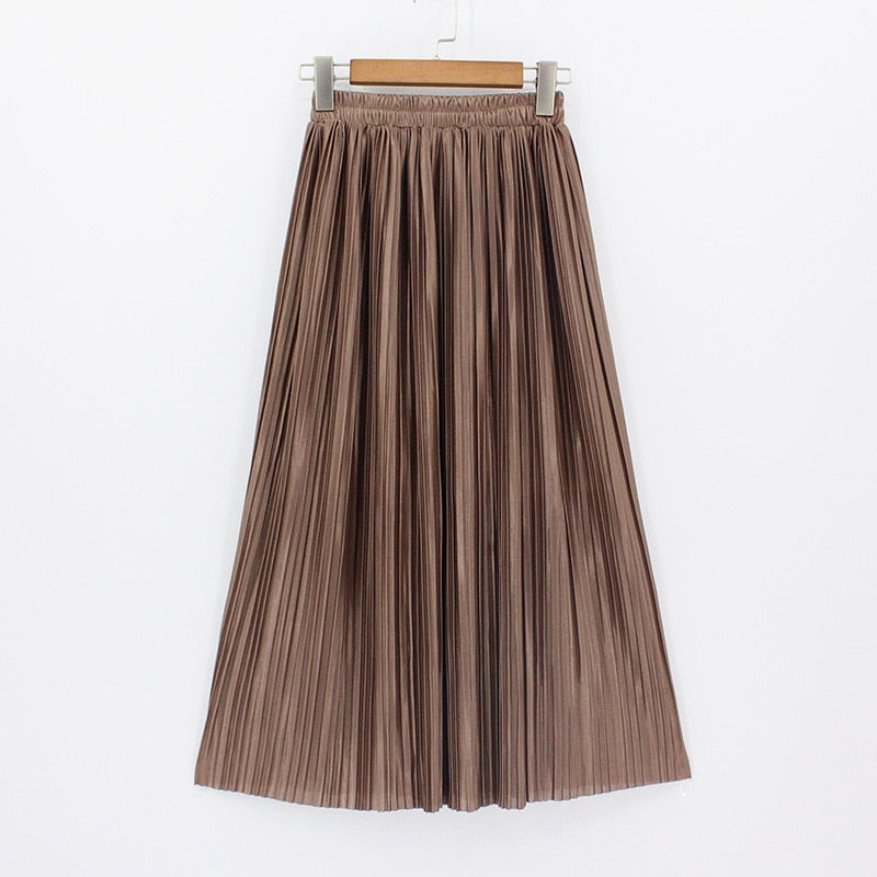 Satin Loose Pleated Solid Color High Waisted Maxi Skirt