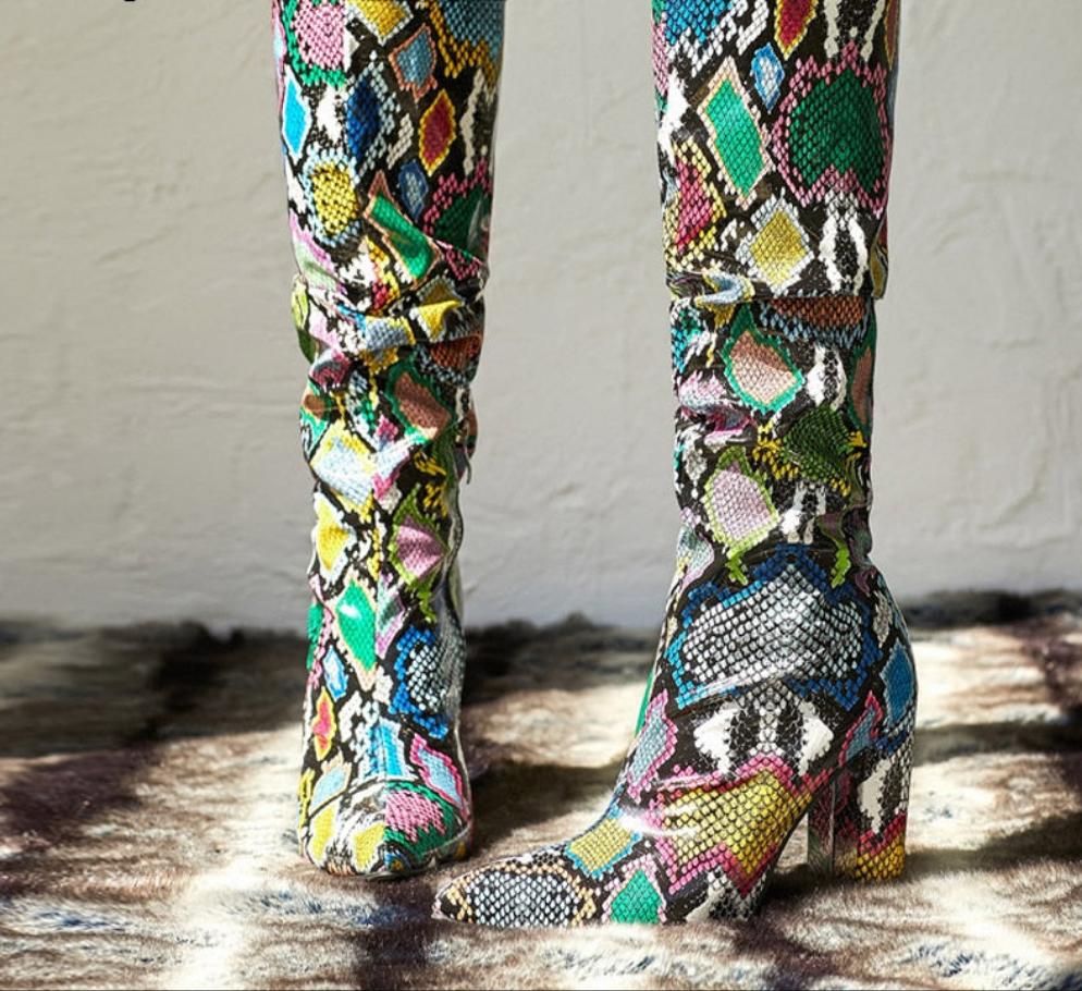 Pleated Colorful Snake Grain Knee High Pointed Toe Zipper Boots