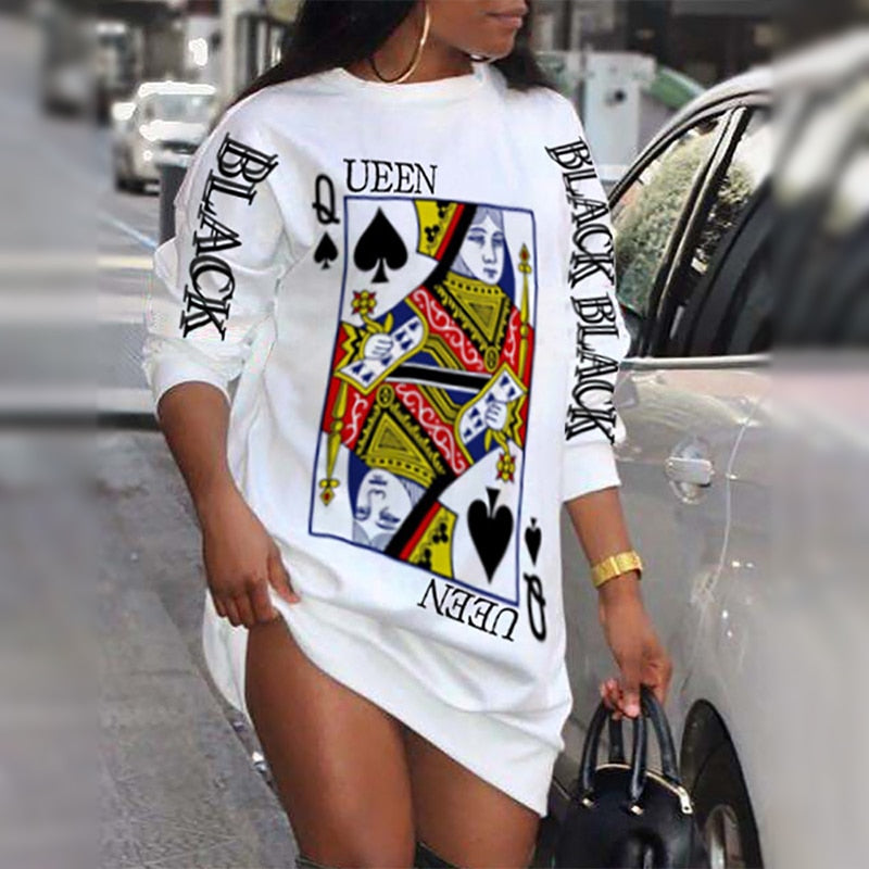 Poker Letter Print Long Sleeve Dress