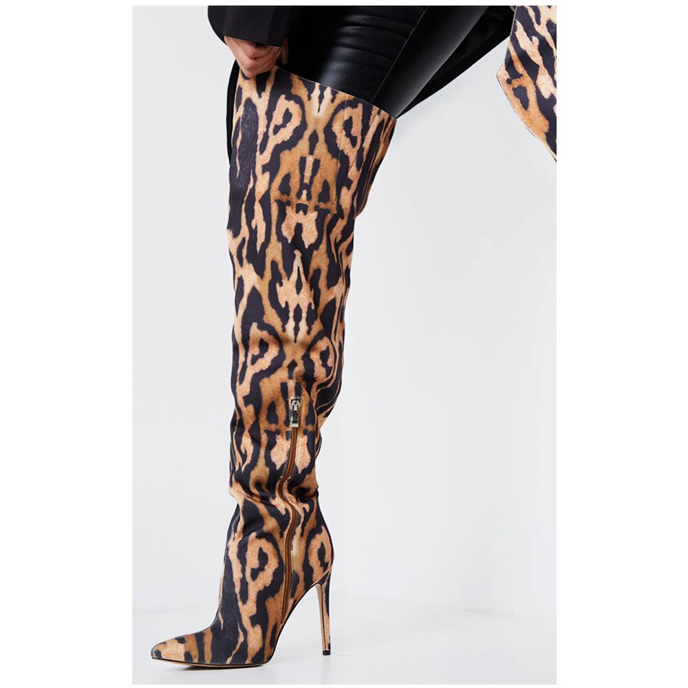 Leopard Print Pointed Toe Side Zipper Stiletto Over-the-Knee Boots