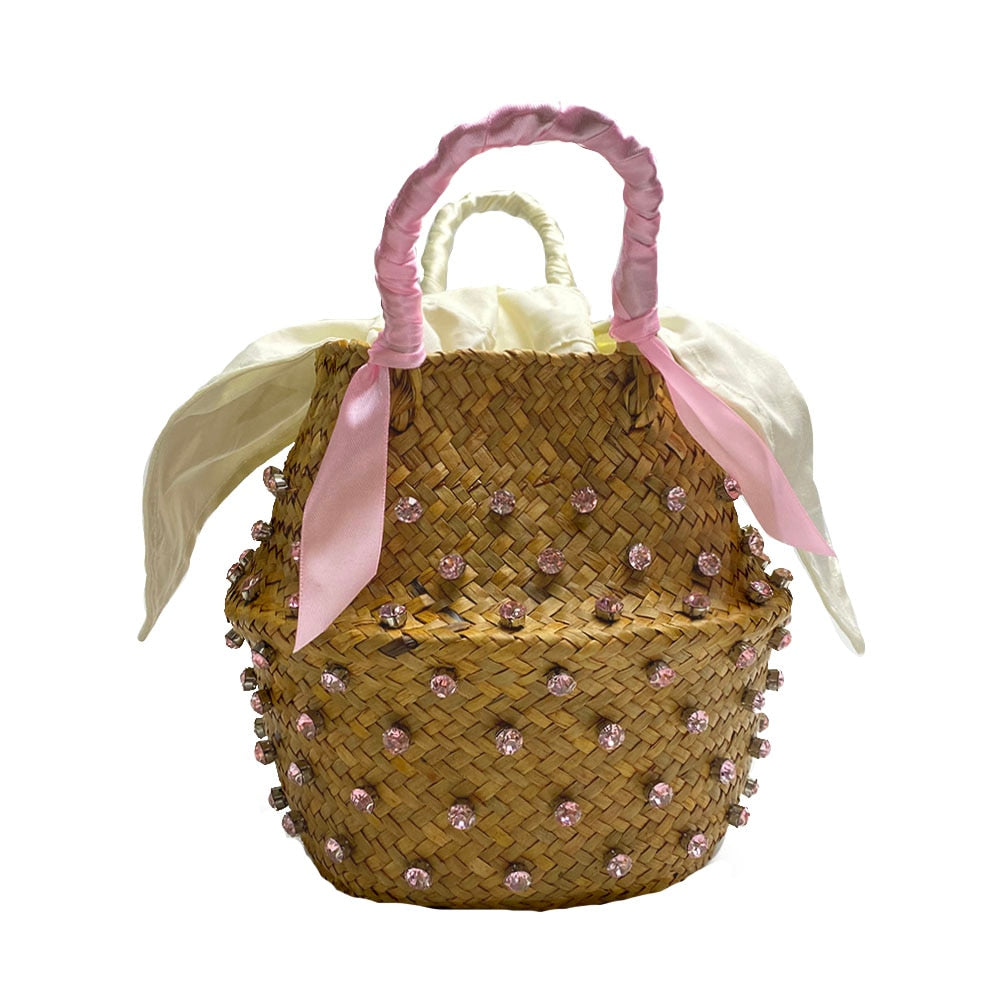 Handmade Crystal Woven Basket Diamond Clutch Straw Bag