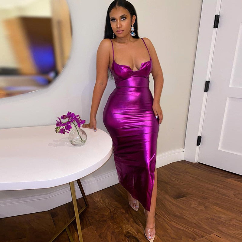 Metallic Faux Leather Purple Spaghetti Strap Bodycon Side Split Maxi Dress