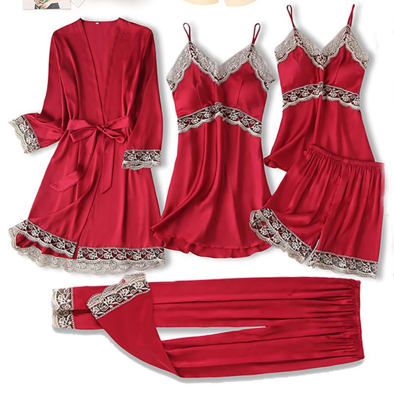 Satin Women's Sleepwear Set/Pajamas: Kimono Gown, Lace Intimate Lingerie Hollow Out Camisole, and Matching Lingerie Top w/ Shorts & Silky Pajama Pants