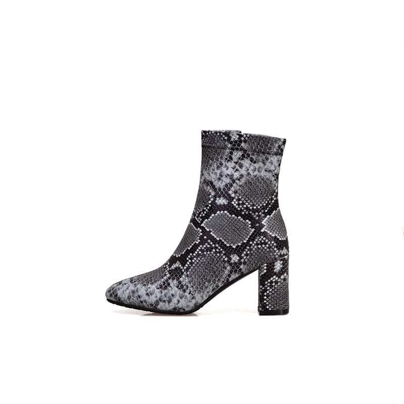 Snake Print Square Heel Ladies Ankle Boots