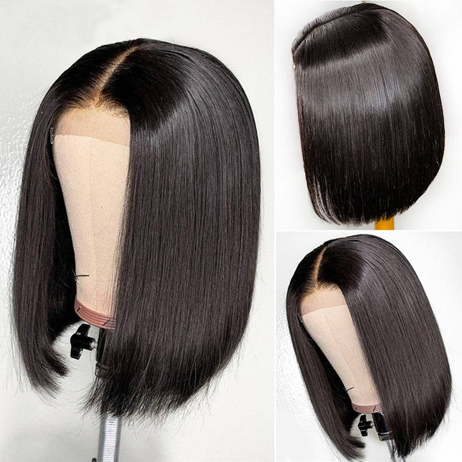 Brazilian Straight Lacefront 100% Human Hair Short Bob Wig Pre-Plucked Lace Closure 150% Density Wigs