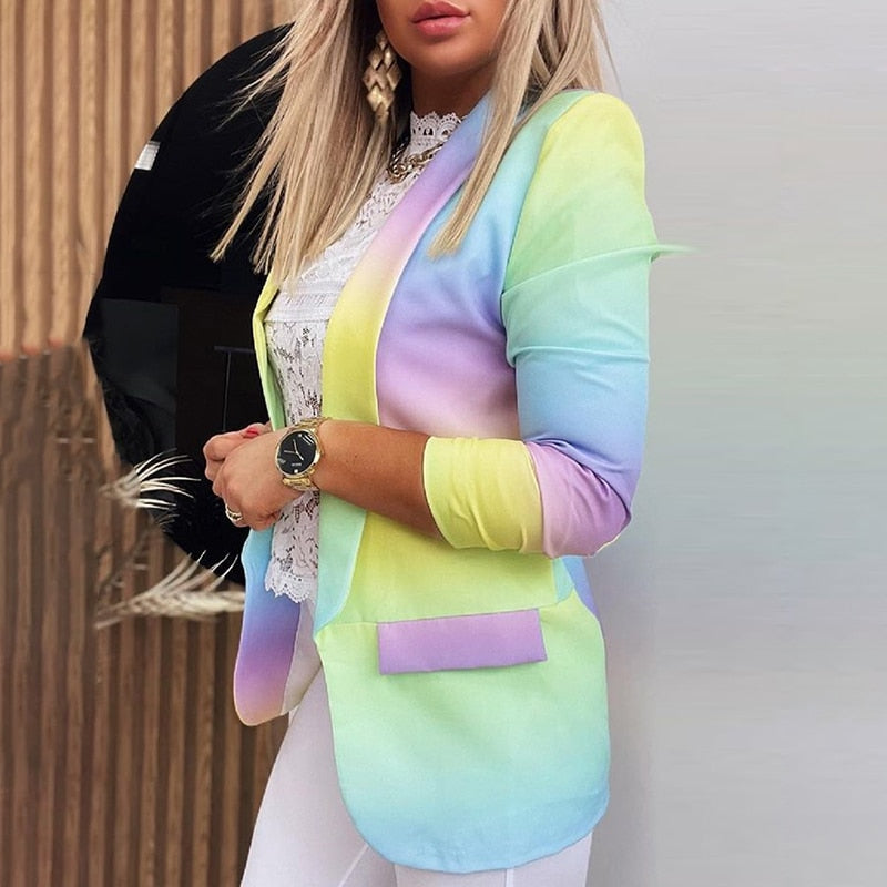 Ombre Rainbow Gradient Colorblock Women's Office Blazer Jacket